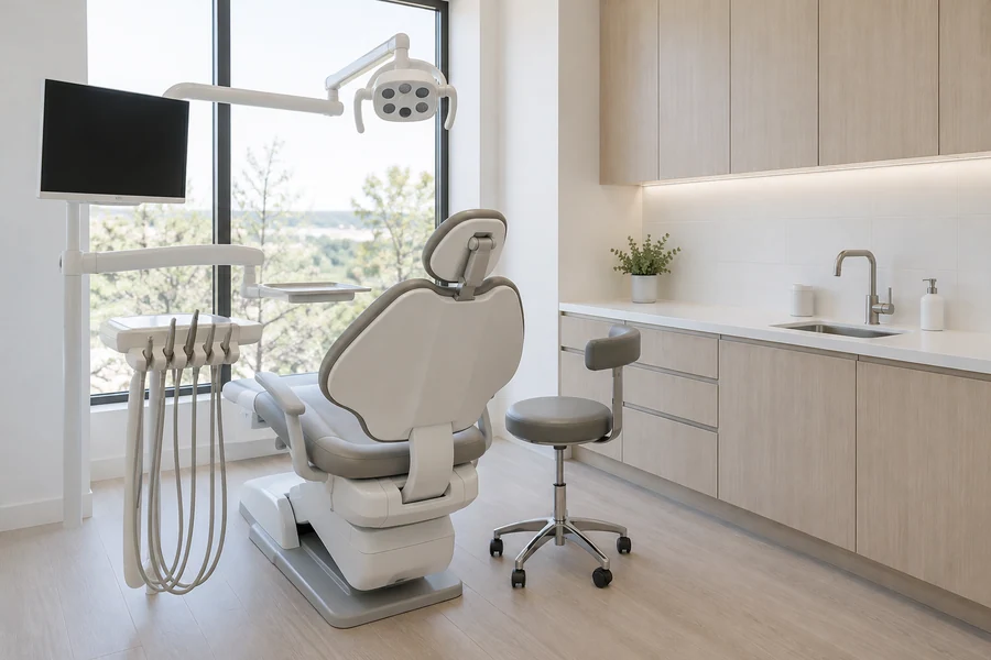 Calm, bright dental operatory with white cabinetry and a large window