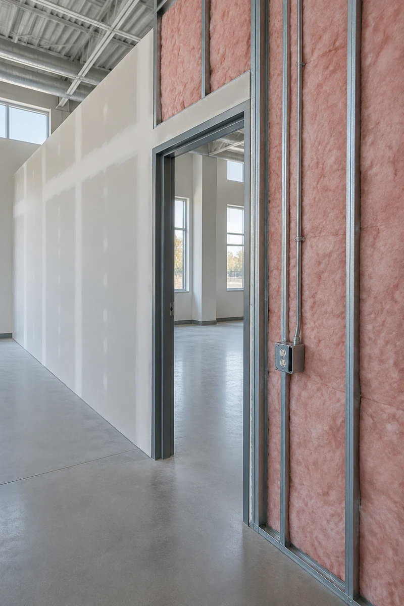 Steel stud partition with sound insulation running to the structure in a Burbank office build-out