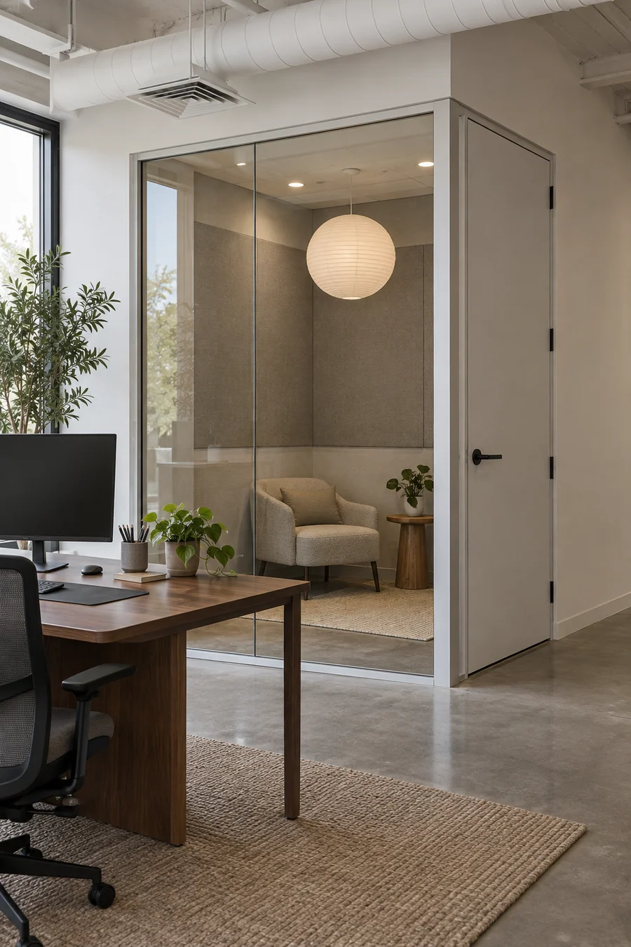 Burbank office after a remodel, with a sealed glass-front quiet room beside an open work area