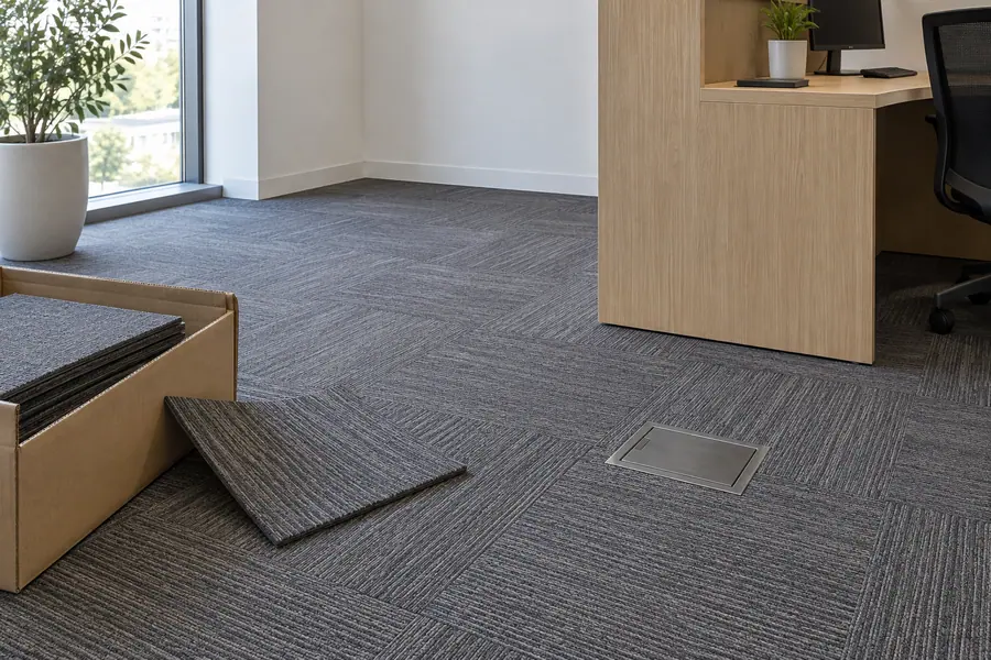 Close view of commercial carpet tile installed in a quarter-turn pattern with a flush floor box cover