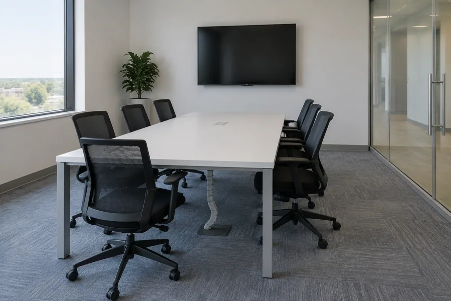 Clean blue-grey carpet tile in an office conference room with a white table and soft-wheel chairs