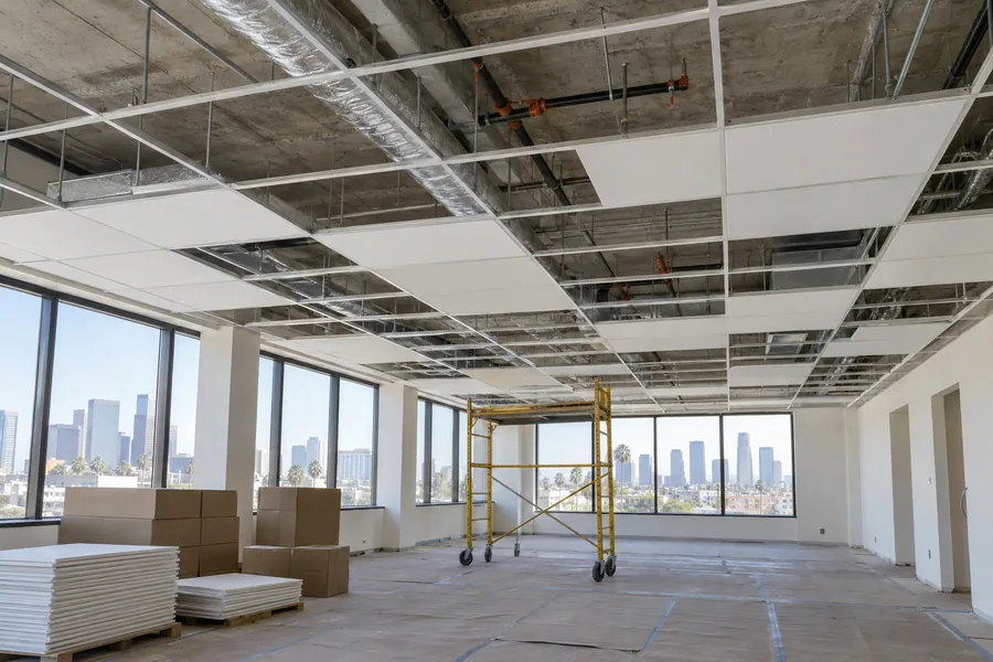 Commercial drop ceiling grid being installed in an empty office suite, with hanger wires and partly set tiles