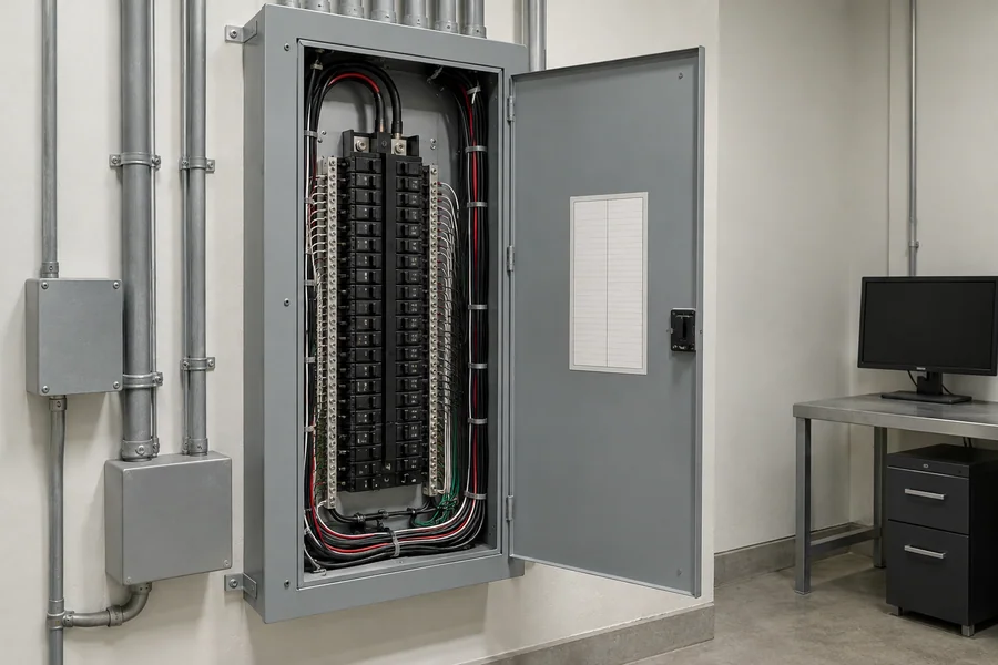 Open electrical panel with neat new breakers and labeled circuits in an office building electrical room