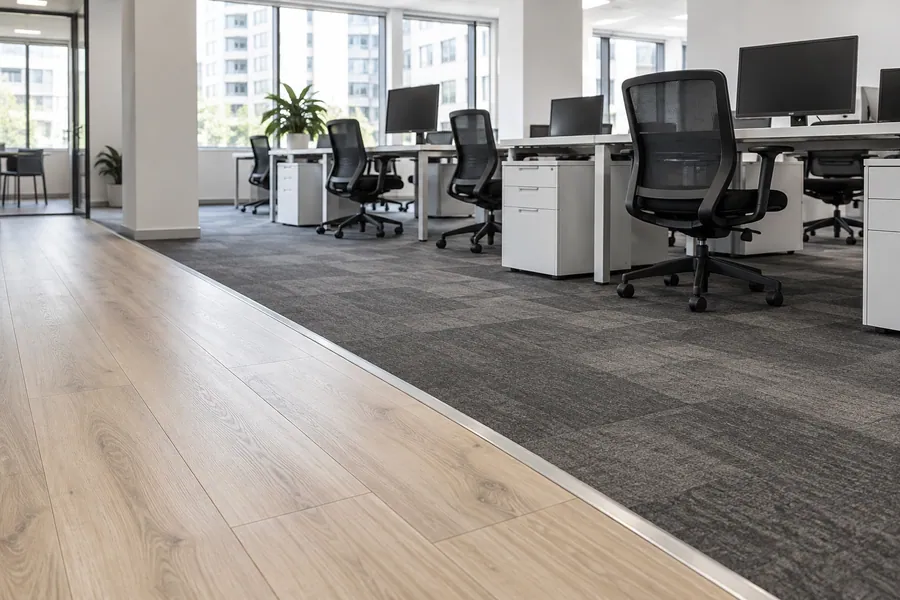 Commercial carpet tile and vinyl plank flooring meeting at a clean transition in an open office