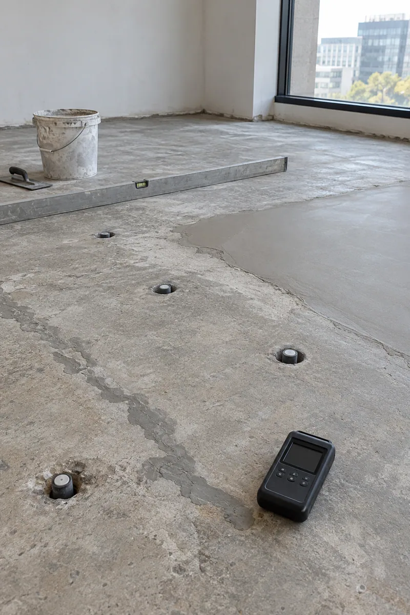 Concrete slab with humidity test probes capped in drilled holes and leveled patches before new office flooring