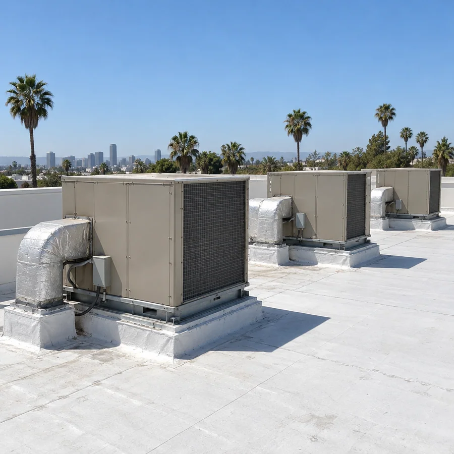 Rooftop package HVAC units with insulated ducts on top of a low-rise office building in Los Angeles