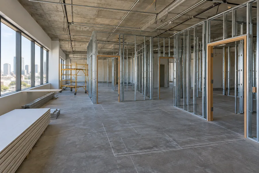 Shell office space during a commercial build-out, with metal stud framing laid out on a bare concrete floor