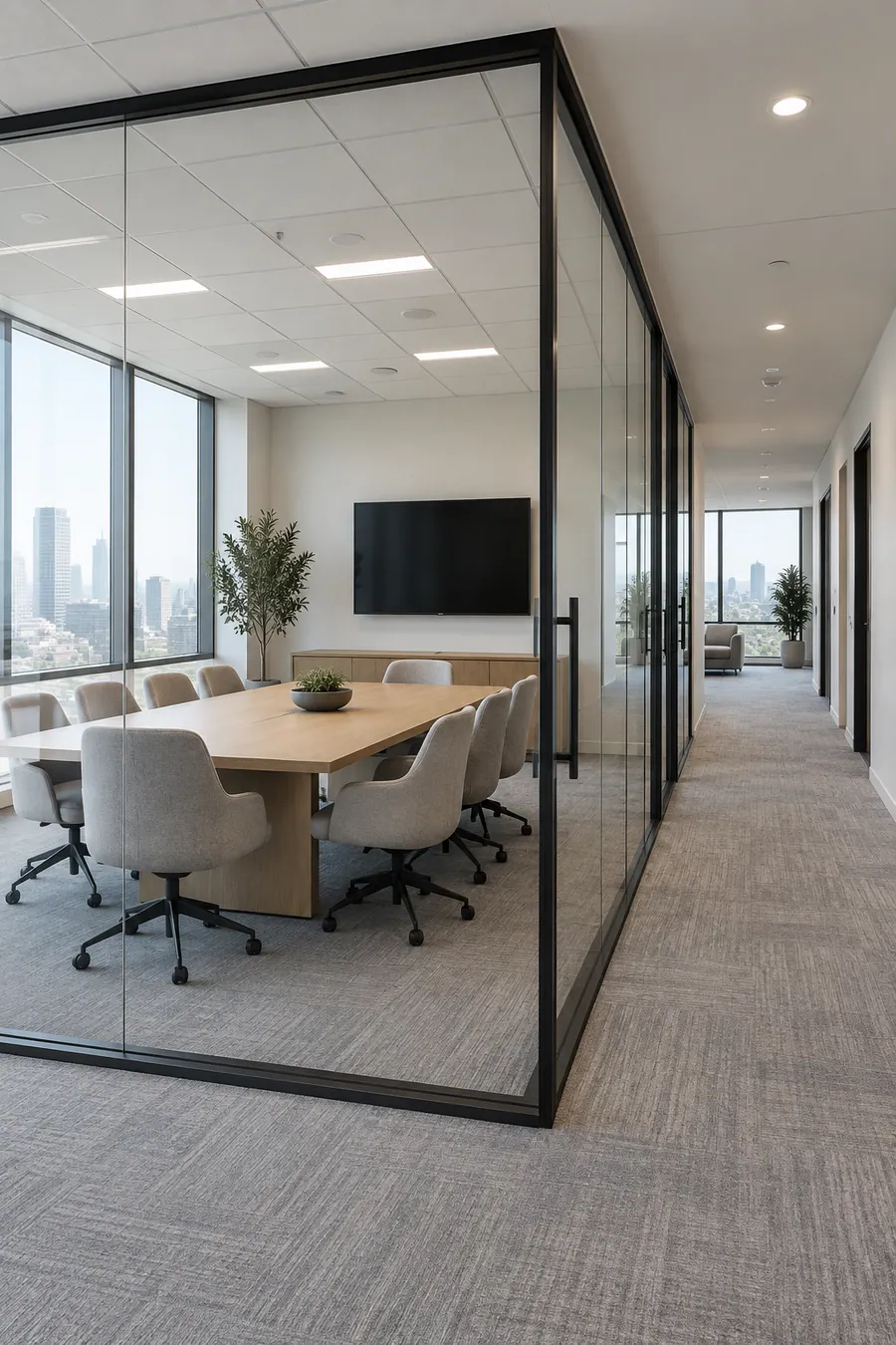 Glass-walled conference room with a long oak table inside a remodeled Los Angeles office suite