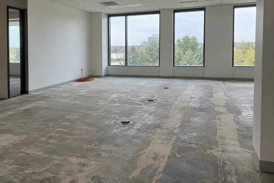 Bare concrete office slab mid-test, with capped humidity probes and old adhesive scraped away