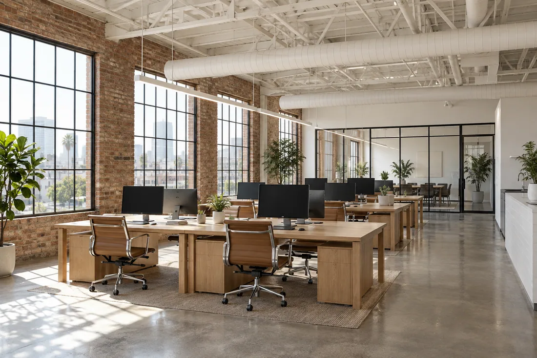 Creative office with an open ceiling, exposed round ductwork and a painted deck in a converted warehouse