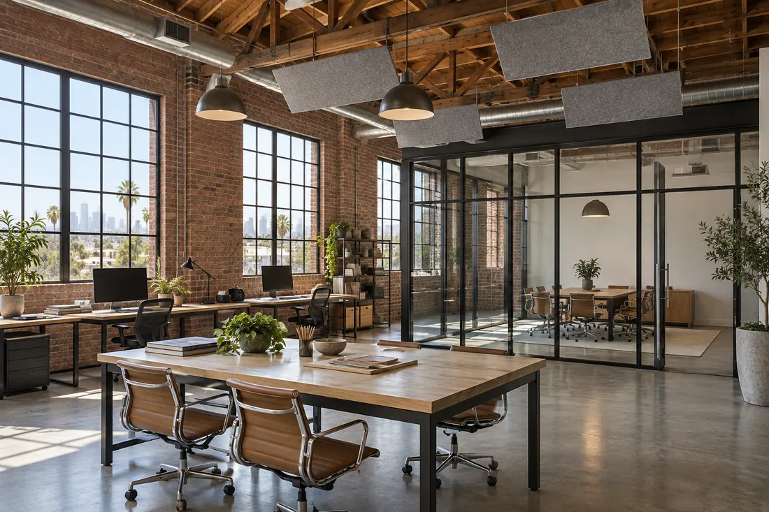 Creative studio in a Los Angeles brick loft with exposed ducts, glass rooms and acoustic panels