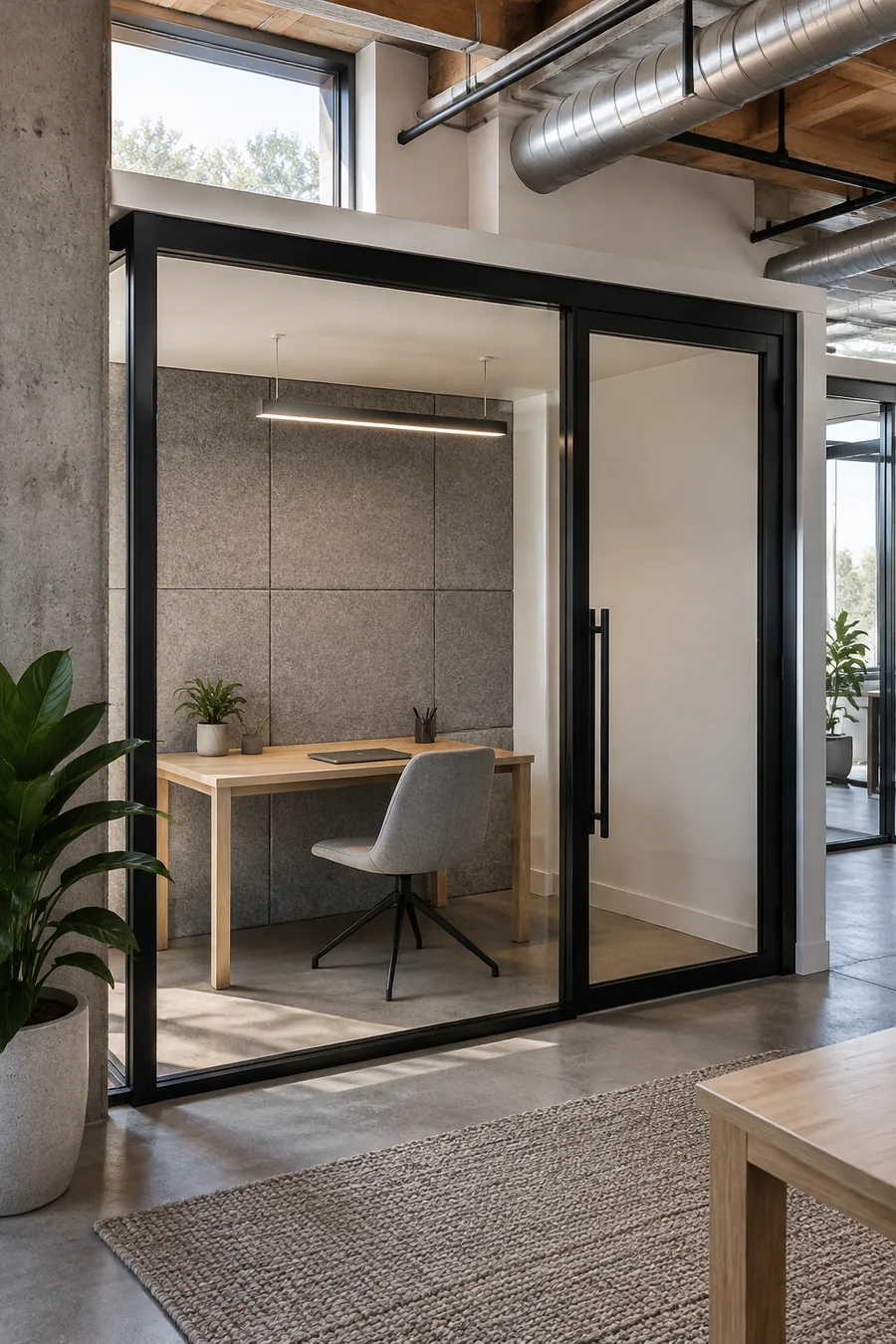 Glass focus room and acoustic panels in a remodeled Culver City, CA loft office under an open ceiling