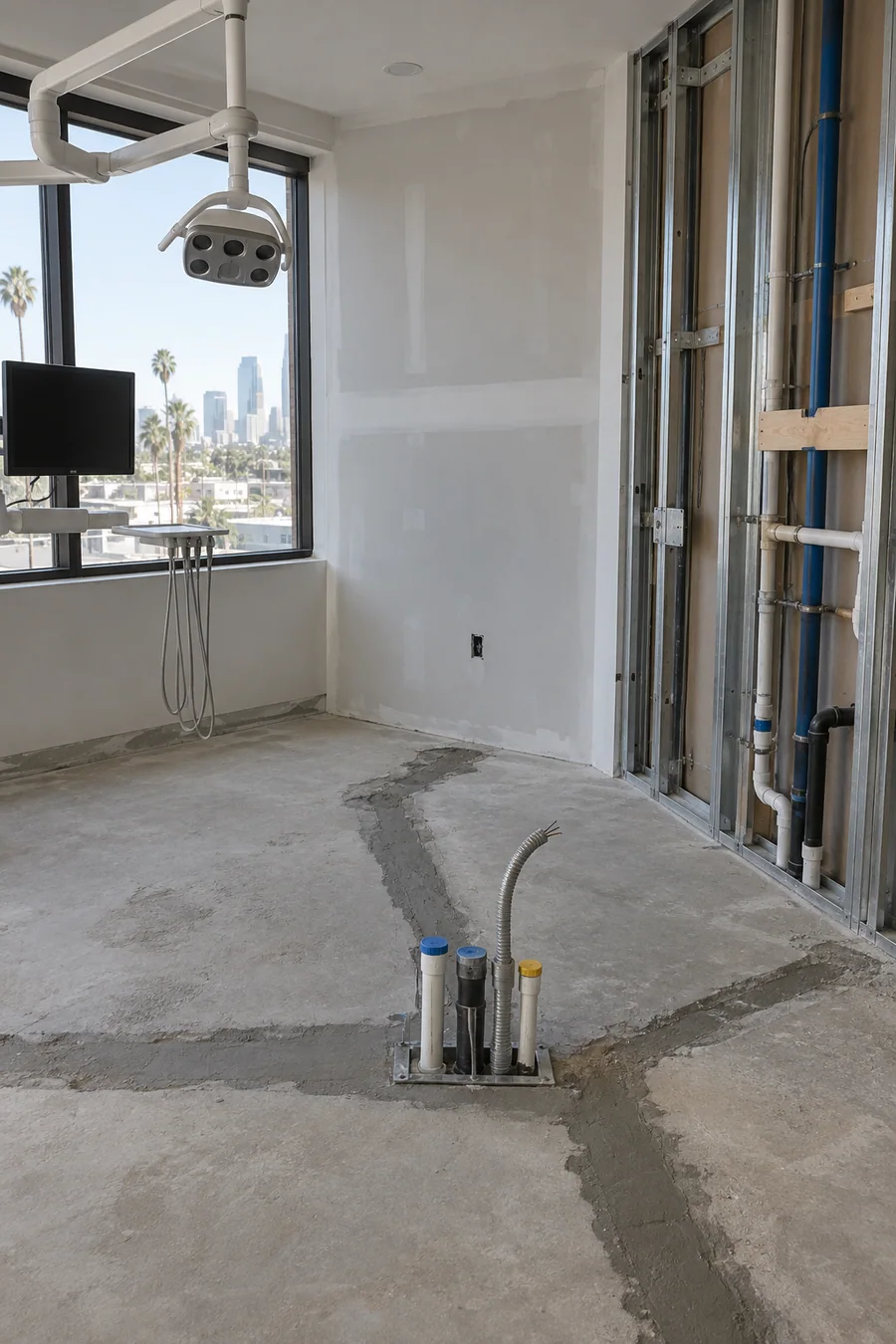 Tall view of a dental operatory under construction, with chair utility lines rising from a trenched concrete slab