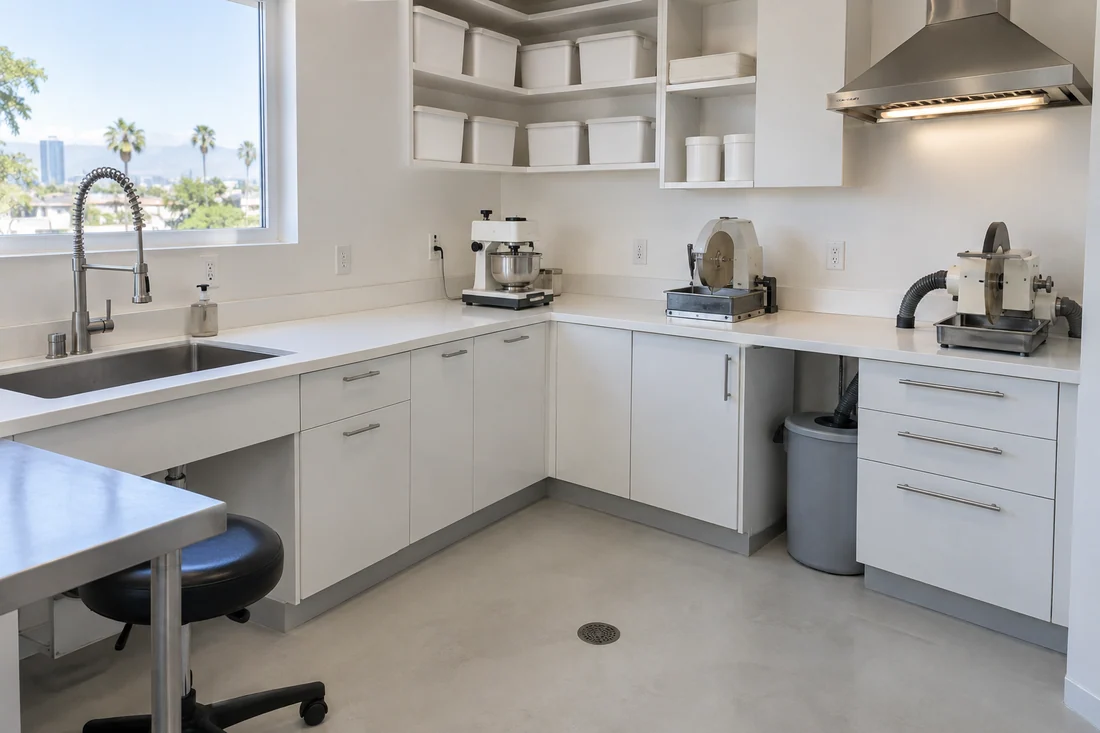 Small in-office dental lab with a hard counter, a sink and bench outlets for equipment