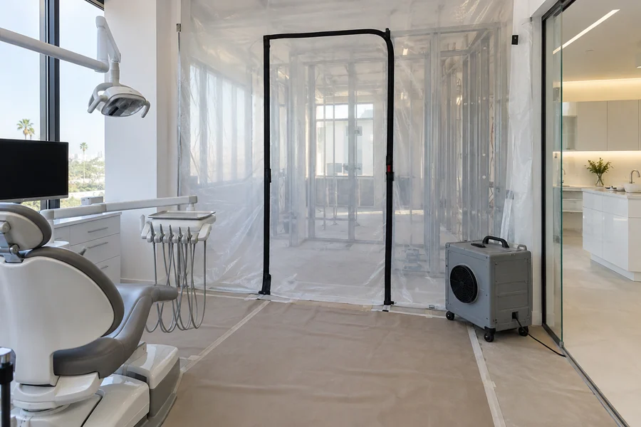 Operatory addition in a working dental office, sealed off from the rest of the practice by a temporary dust wall