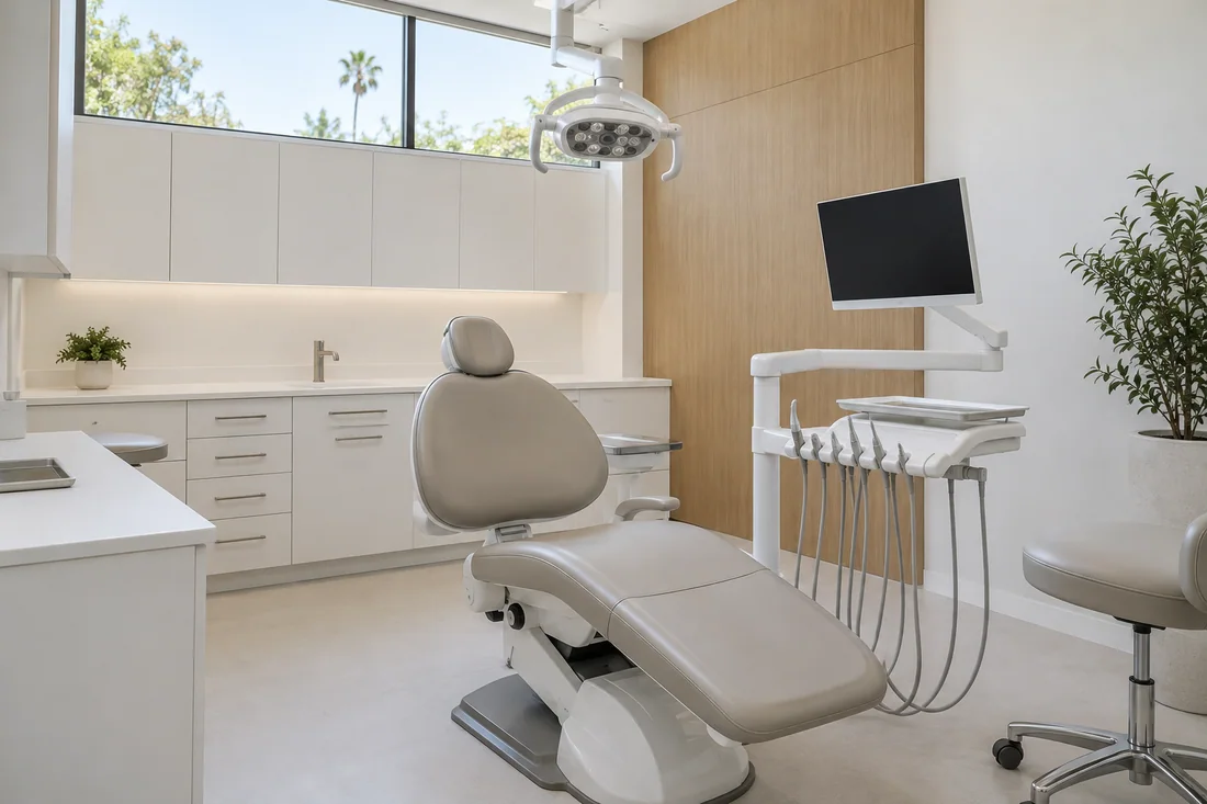 Dental operatory with the chair centered on its floor box, rear cabinets and an overhead operatory light