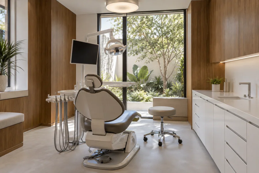 Dental operatory with warm wood panels, white cabinets and a garden view
