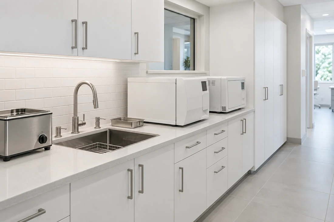 Dental sterilization center with a long counter running from dirty sinks to clean storage cabinets