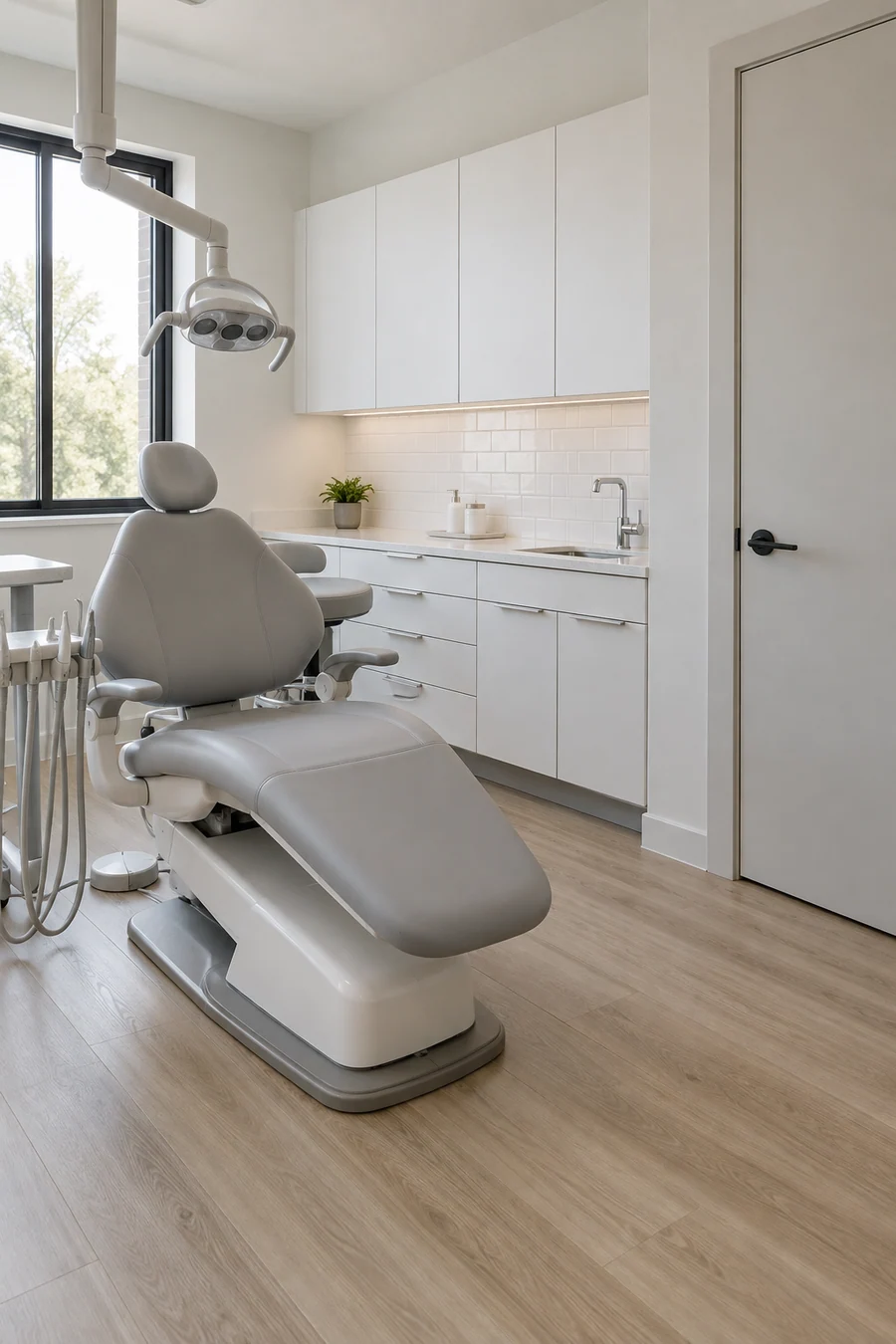 Newly built dental operatory in a remodeled Downey, CA office suite with a treatment chair and cabinetry