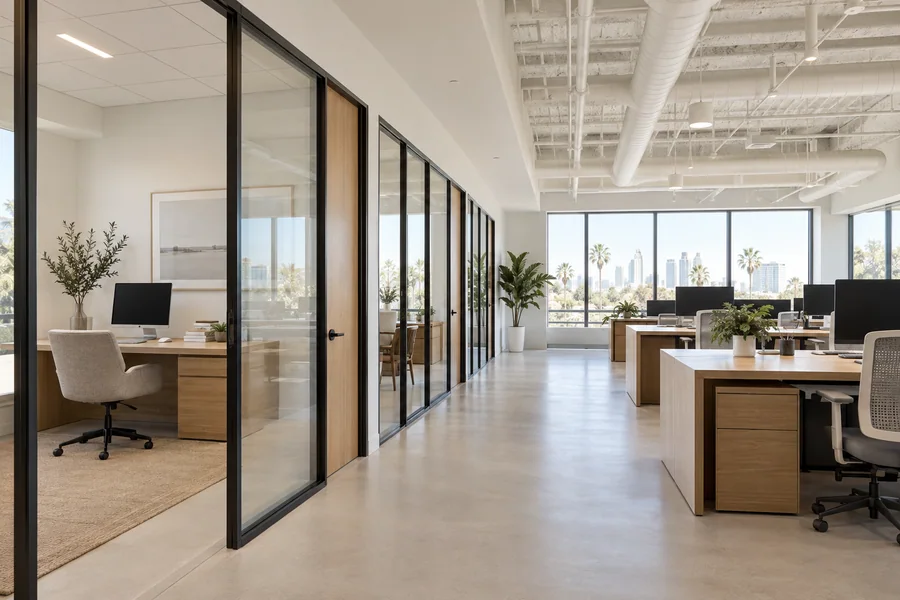 Office with a drop ceiling on one side and an open ceiling with exposed ducts on the other