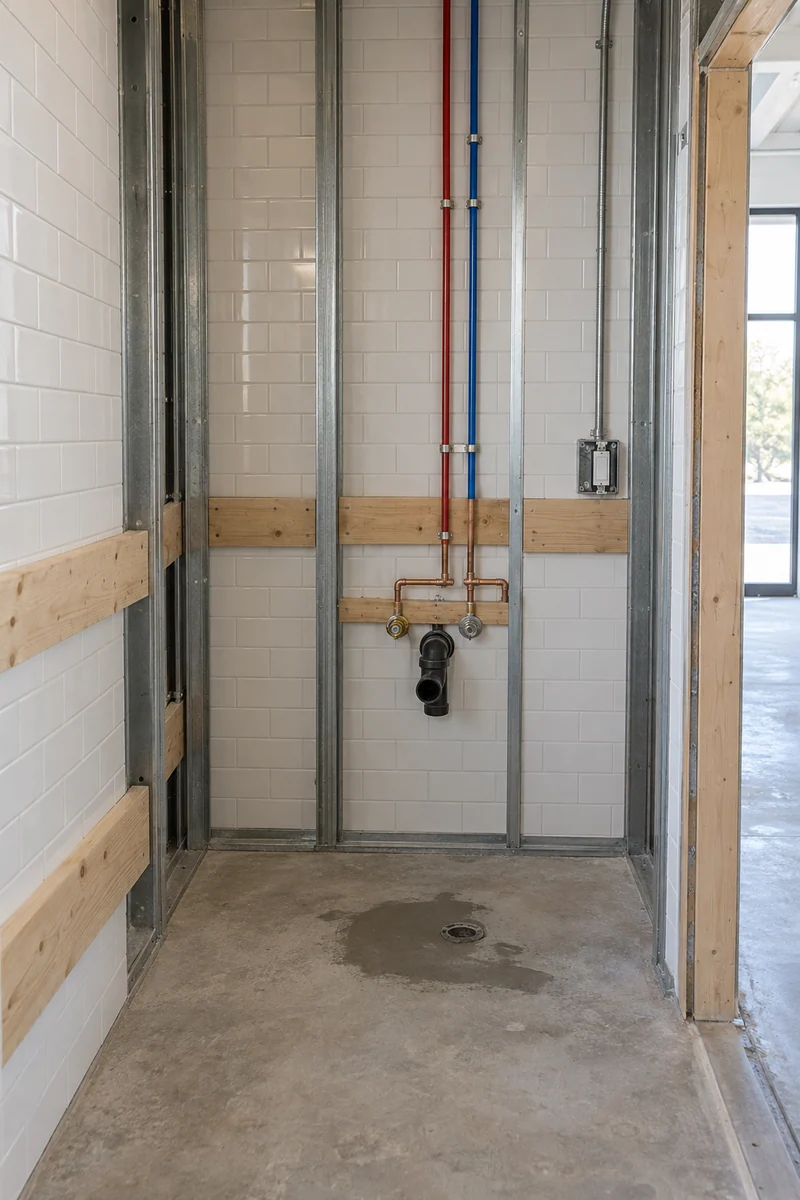 Restroom framing with grab bar blocking and new plumbing in an East Los Angeles storefront office