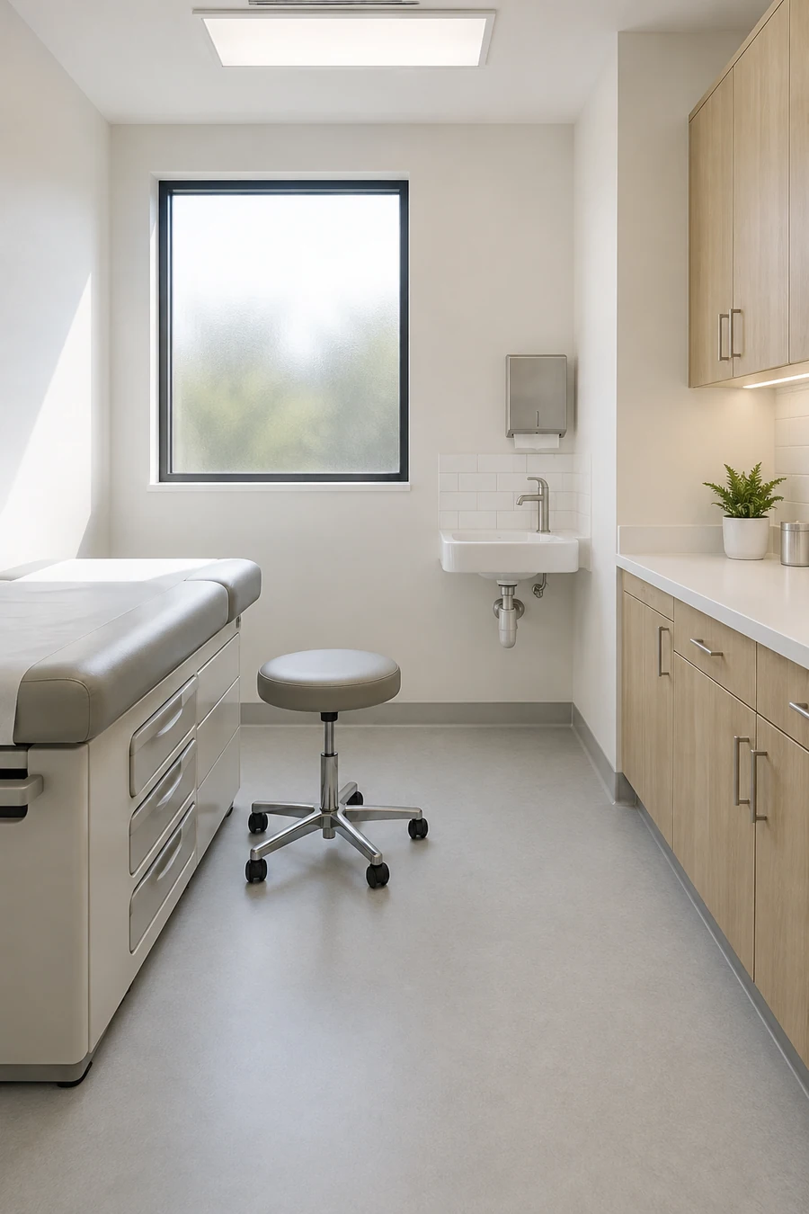 Treatment room in an East Los Angeles storefront clinic after a remodel, with a handwashing sink