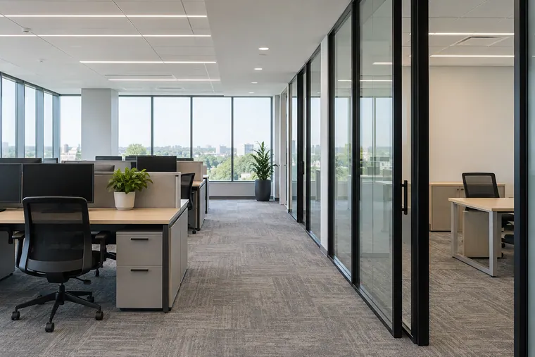 Finished office suite ready for the final walkthrough, with new workstations and glass offices