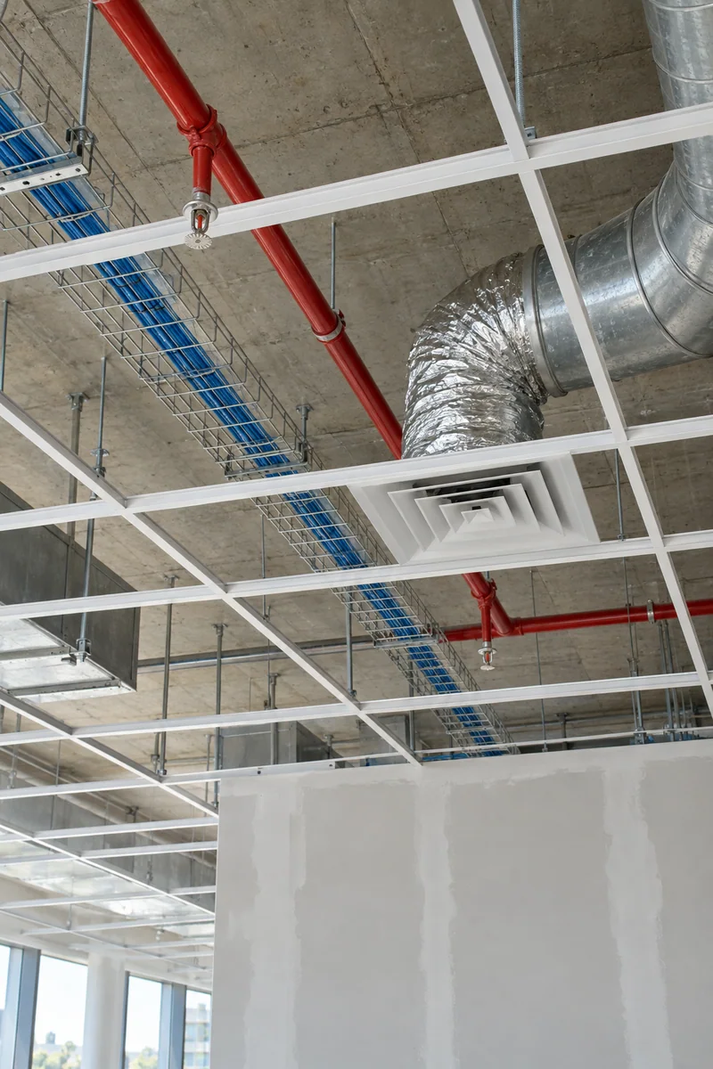 Open ceiling grid with new sprinkler pipe and ductwork above a Glendale office suite during a build-out