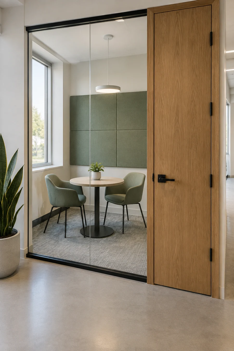 Finished Inglewood office with an insulated call room behind laminated glass and a solid-core door