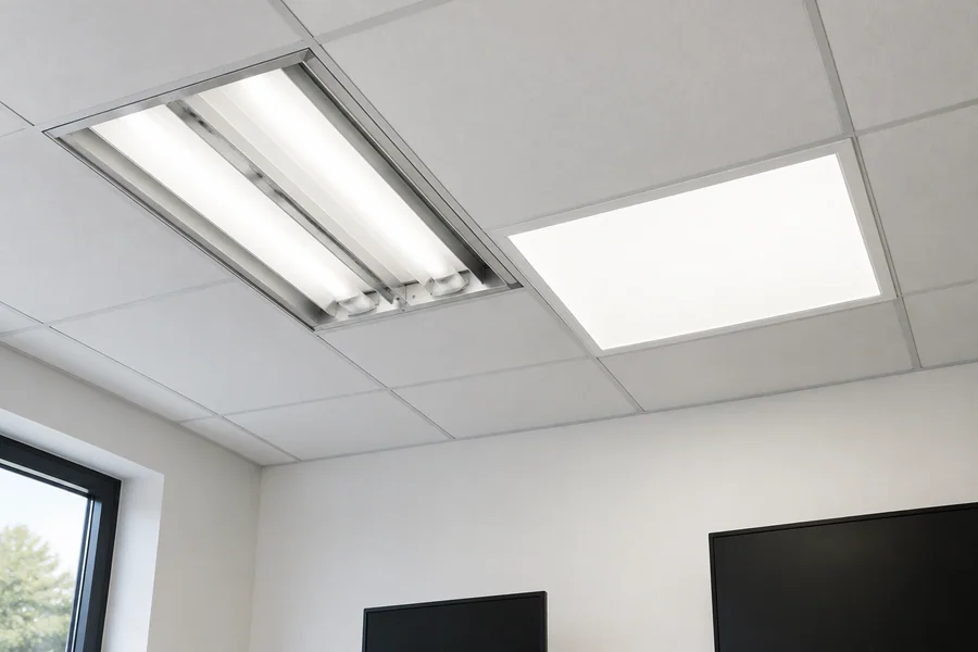 Two LED fixtures side by side in an office ceiling grid, one retrofit kit and one new flat panel