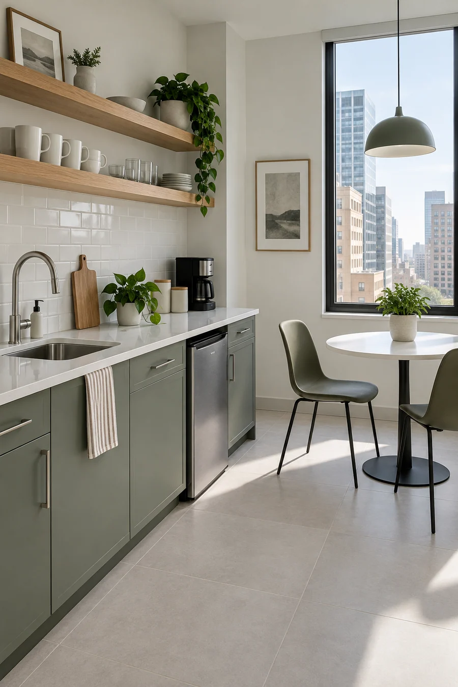 Finished Long Beach office break room with a compact kitchenette, sink and hard-wearing counters