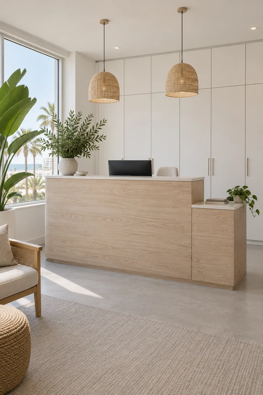 Finished Manhattan Beach office with a compact reception counter and storage built into the wall