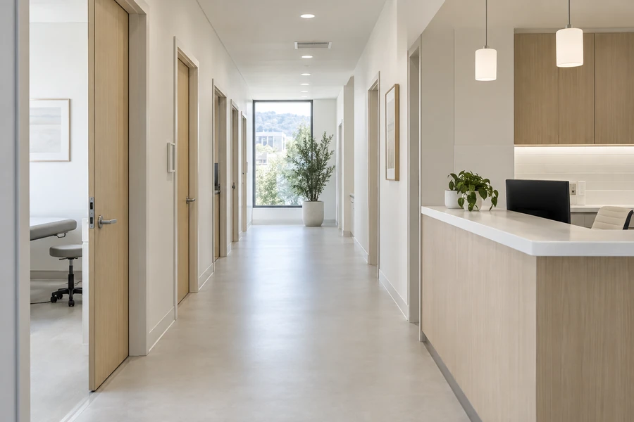 Finished medical office corridor ready for opening day, with exam room doors and a nurse station