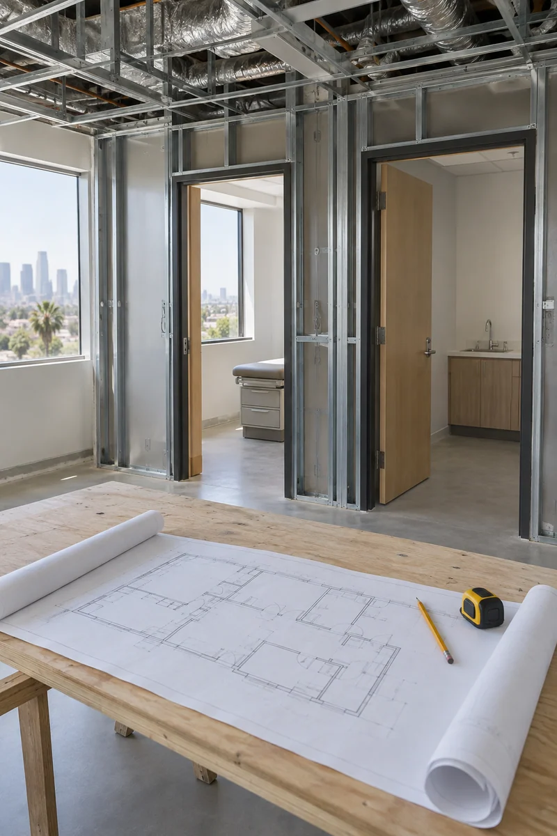 Plan check drawings for a medical suite rolled out on a table inside the framed suite