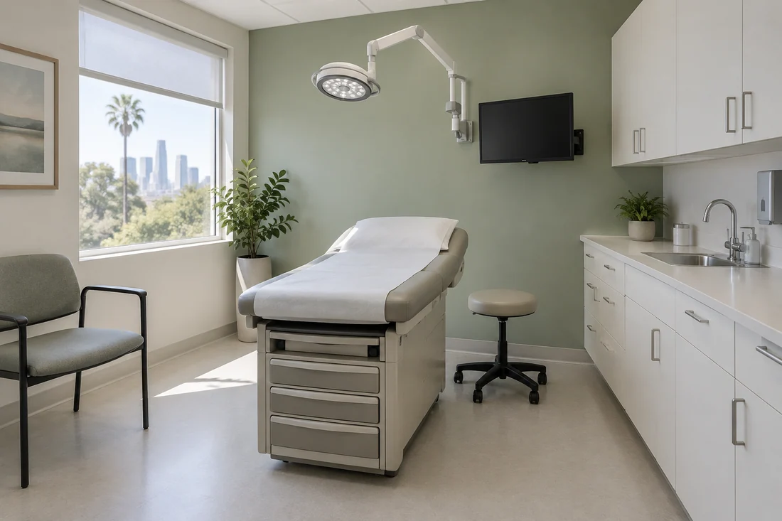 Medical exam room with the table, sink and counter on the provider side and a wall-mounted exam light