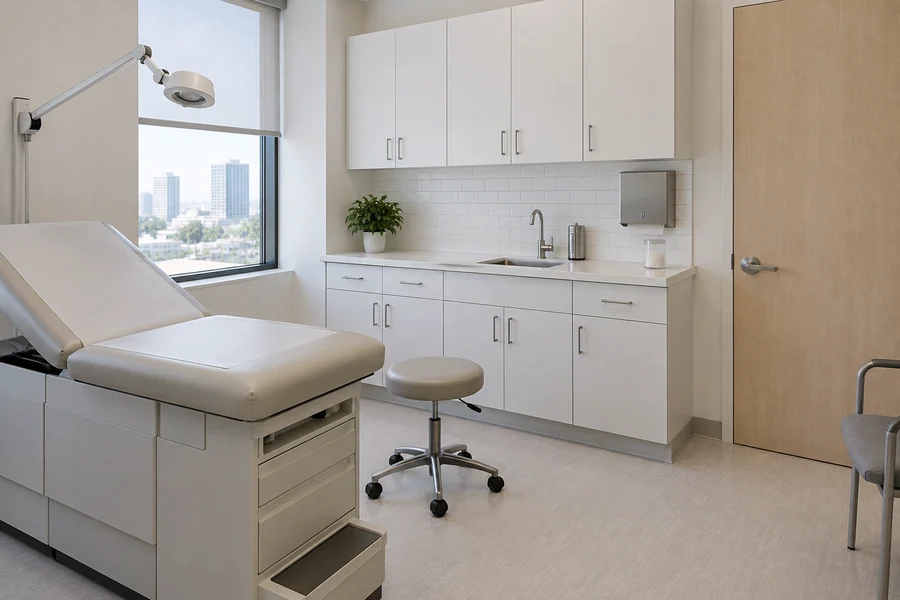Remodeled medical exam room with an exam table, a hand sink, white cabinets and a window