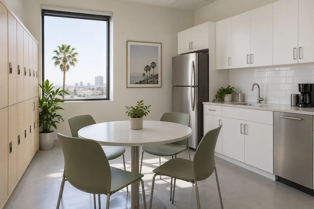 Staff break room in a medical office with a sink, white cabinets, a table and lockers