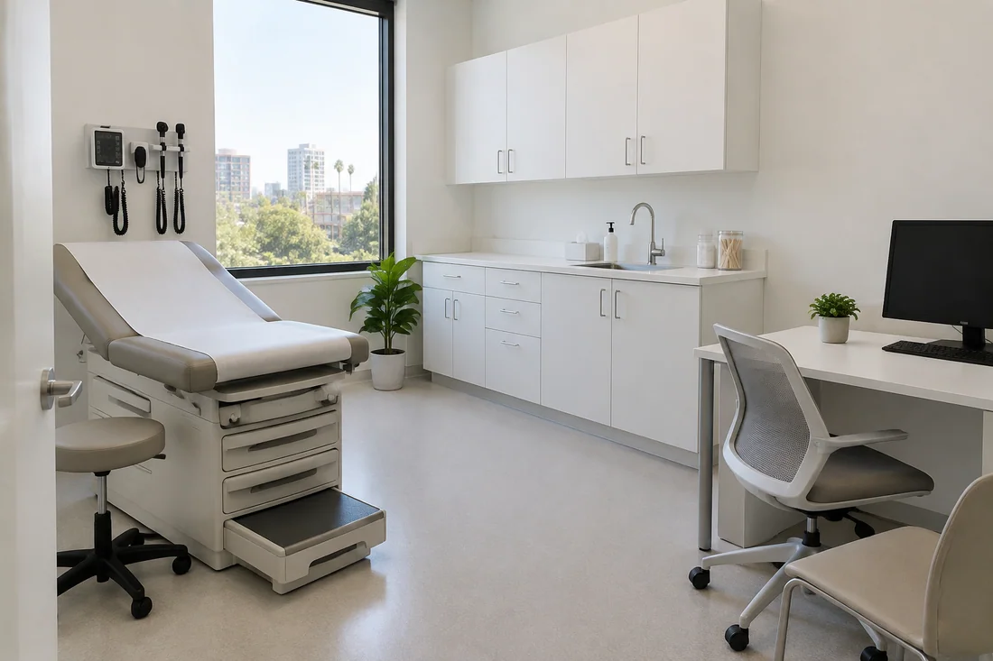 Medical office exam room with a handwashing sink, white cabinets and sheet vinyl floor in Los Angeles