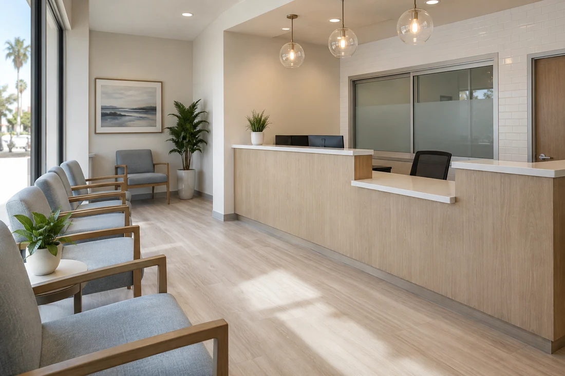 Medical office waiting room with upholstered chairs and a check-in desk with a lowered counter section