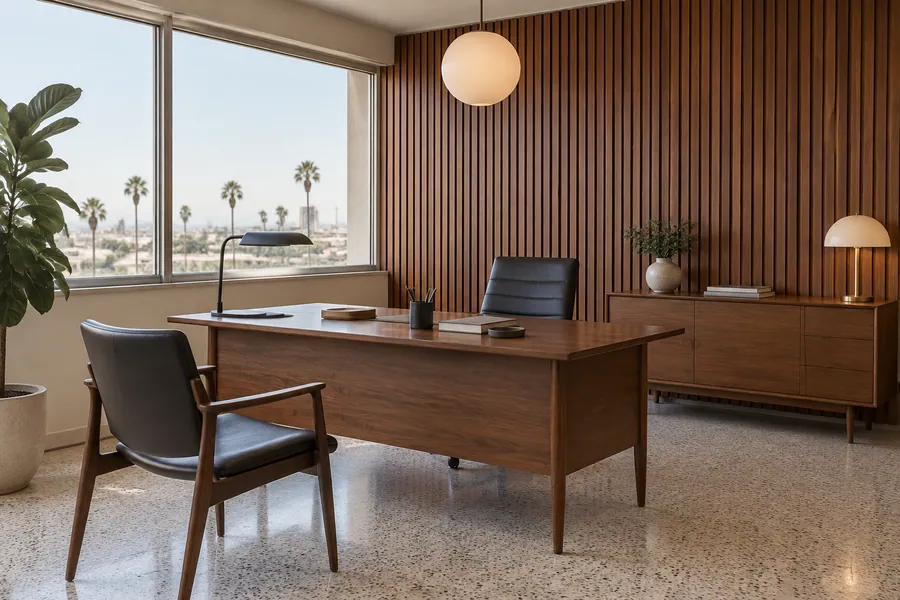 Mid-century style office with wood slat walls, a walnut desk and a low credenza