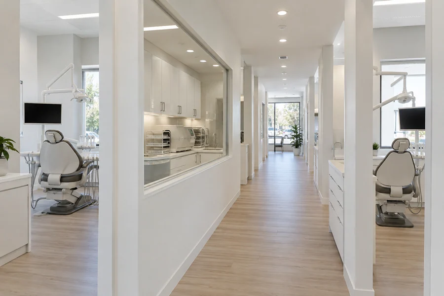 Corridor of a new dental office build-out with open operatories on each side and a central sterilization window