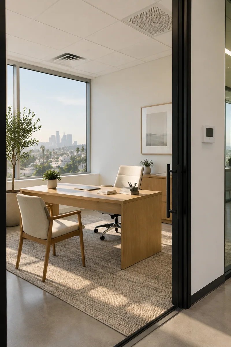 Small private office with its own ceiling supply diffuser, return grille and wall thermostat