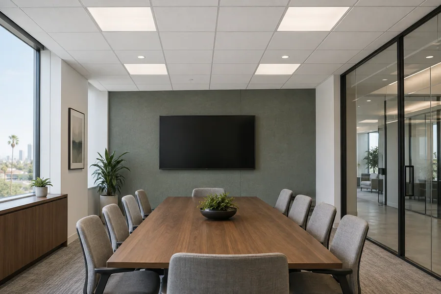 Conference room with new acoustic ceiling tiles in a tegular grid above a long wood meeting table