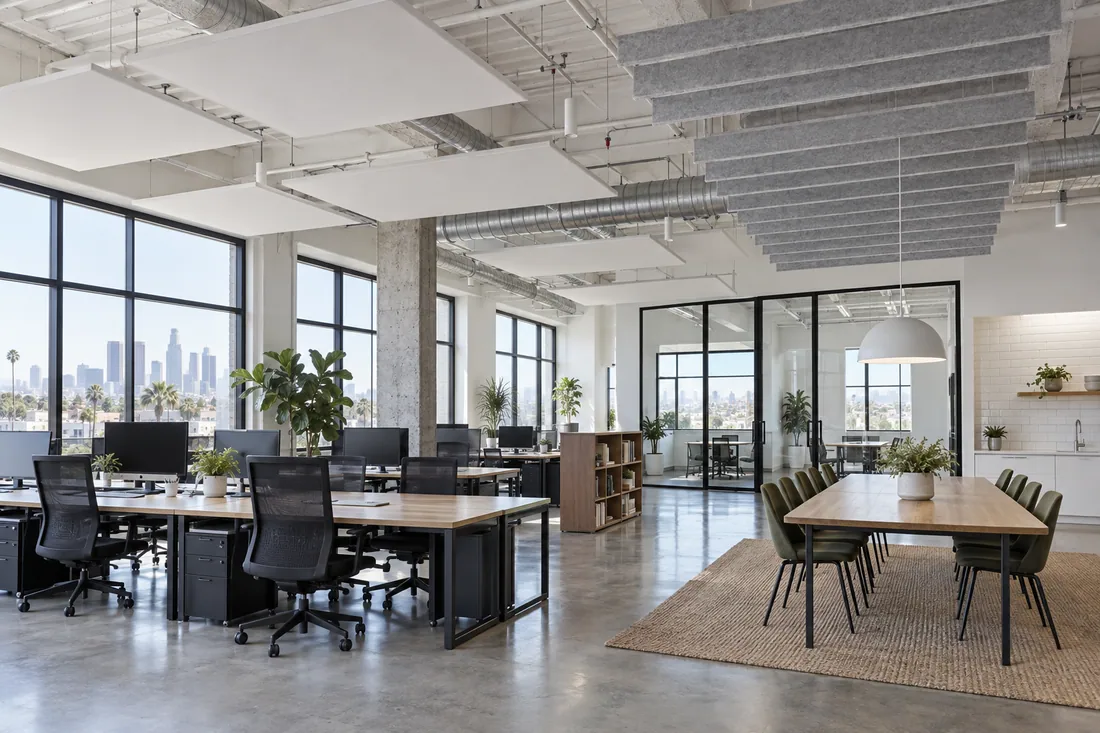 Loft office with white acoustic clouds and felt baffles hung below an open ceiling over the desks