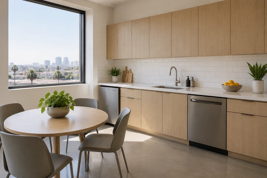 Office break room kitchenette with a sink, white tile and a small dining table in a Los Angeles suite