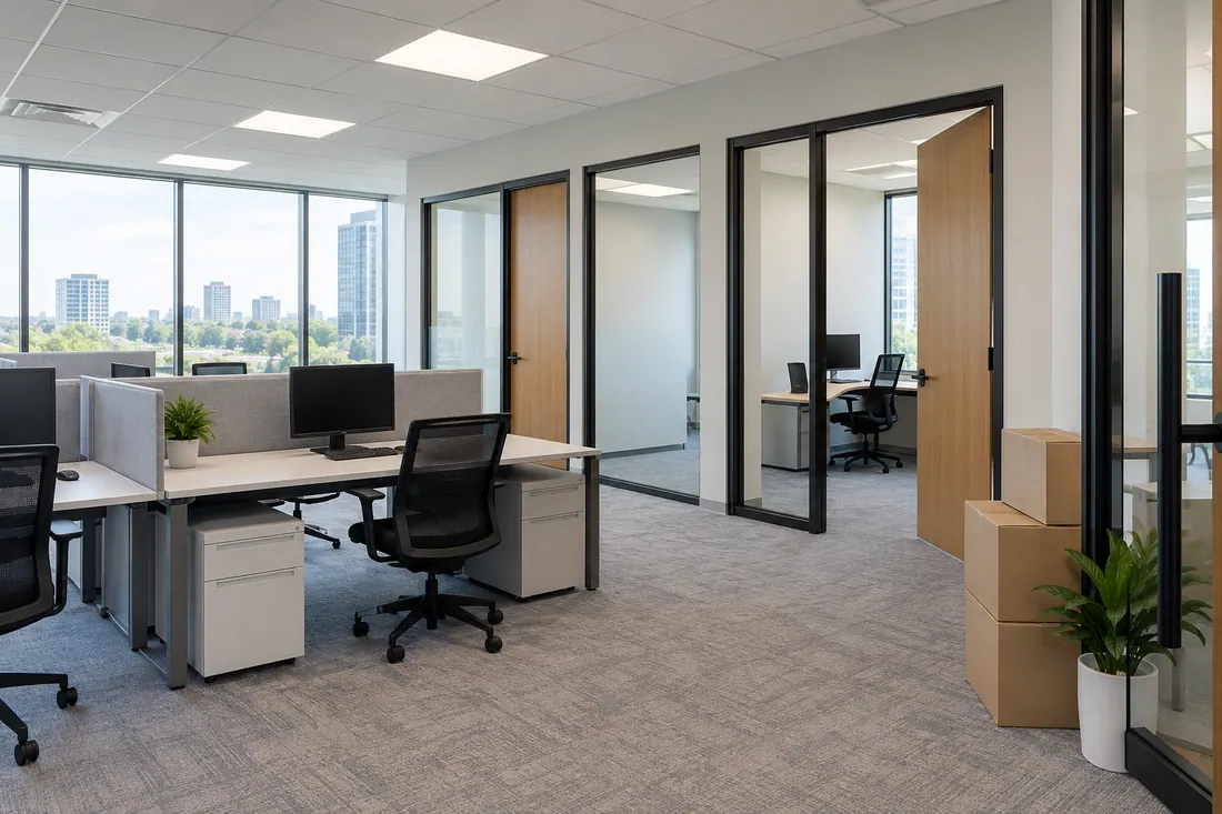Finished office suite on move-in day after closeout, with new offices, carpet tile and empty desks