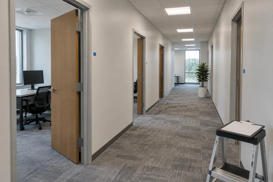 Finished office corridor during a closeout walk-through, with blue painter's tape marking punch list items