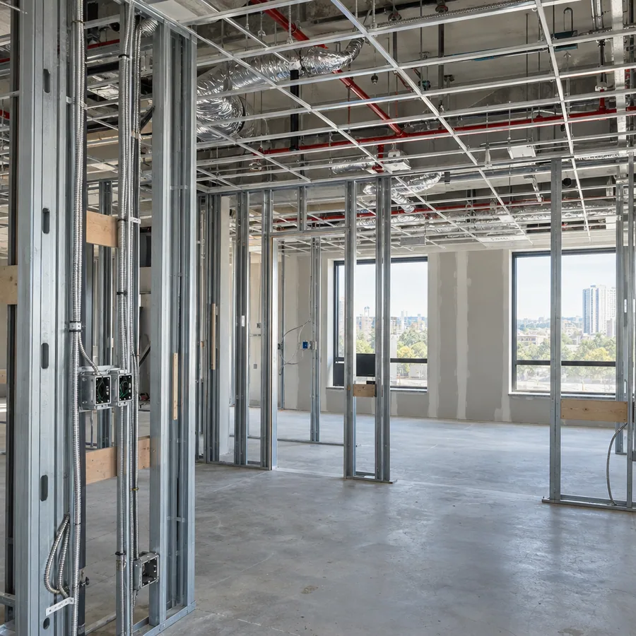 Framed offices and an open ceiling grid with sprinkler pipe, ready for rough inspection in an office build-out