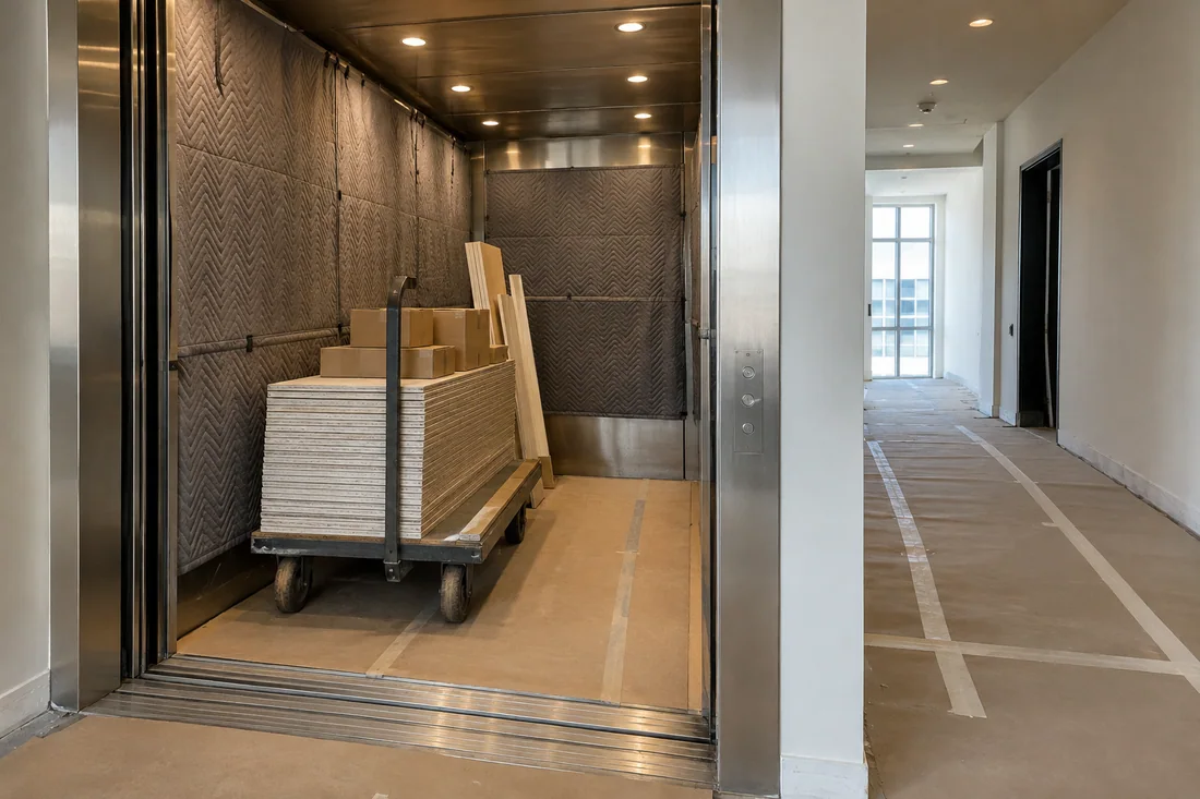 Freight elevator lined with protective padding for an after-hours delivery to an office build-out