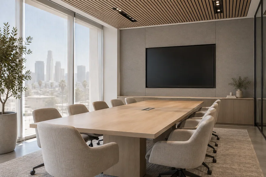 Conference room with a slatted acoustic ceiling, long table and soft daylight